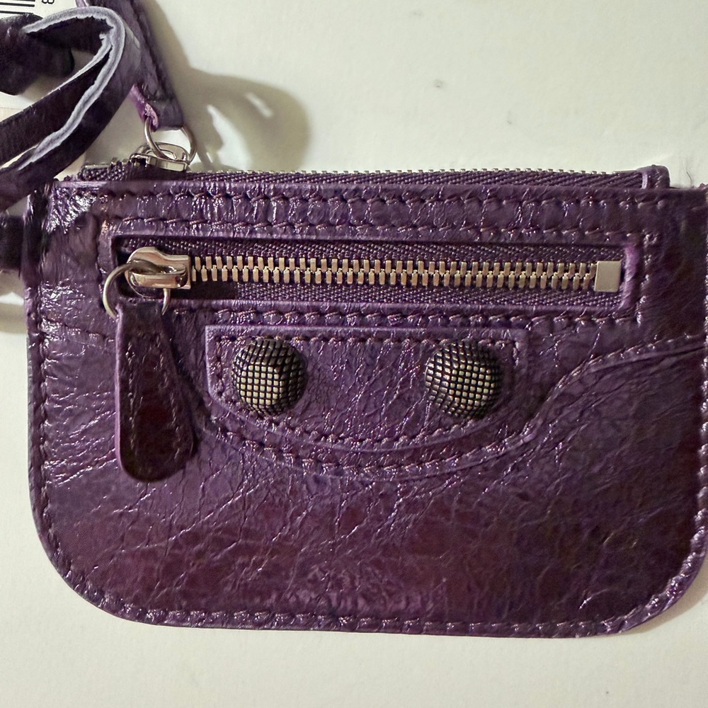Balenciaga Le Cagole metallic purple lambskin coin and card wristlet NWT